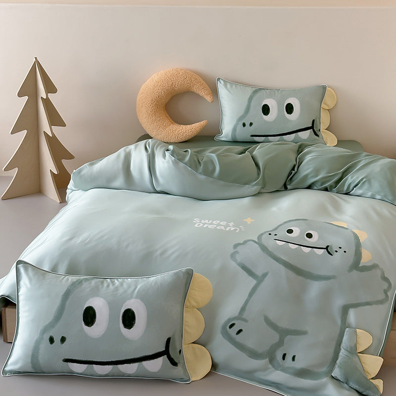 Kinderbettwäsche aus seidenmattem Satin mit illustrativem Panda- und Apfelprint sowie feiner Paspel