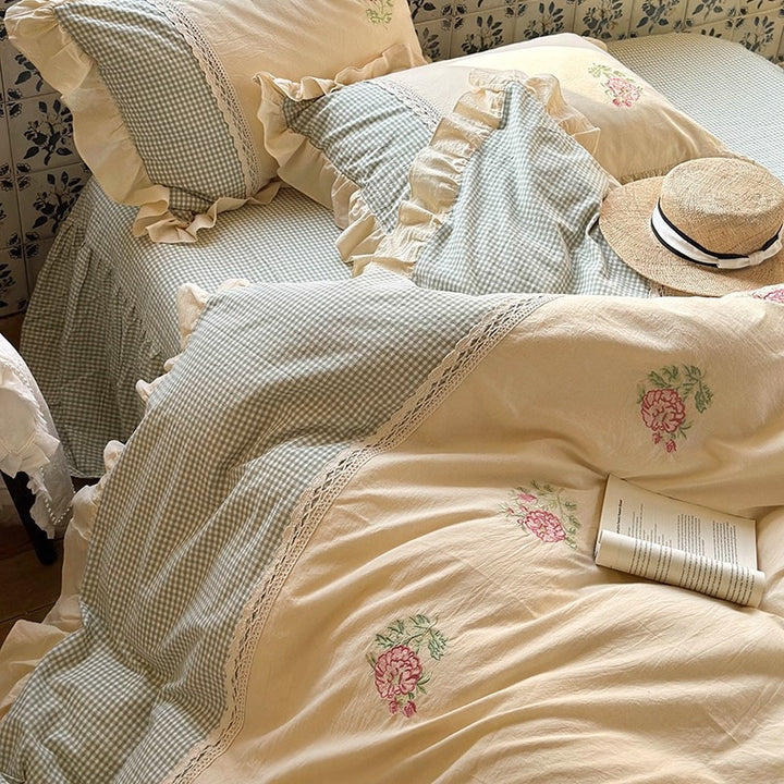 Vintage Floral Gestickte Ruffled Baumwolle Bettbezug Set