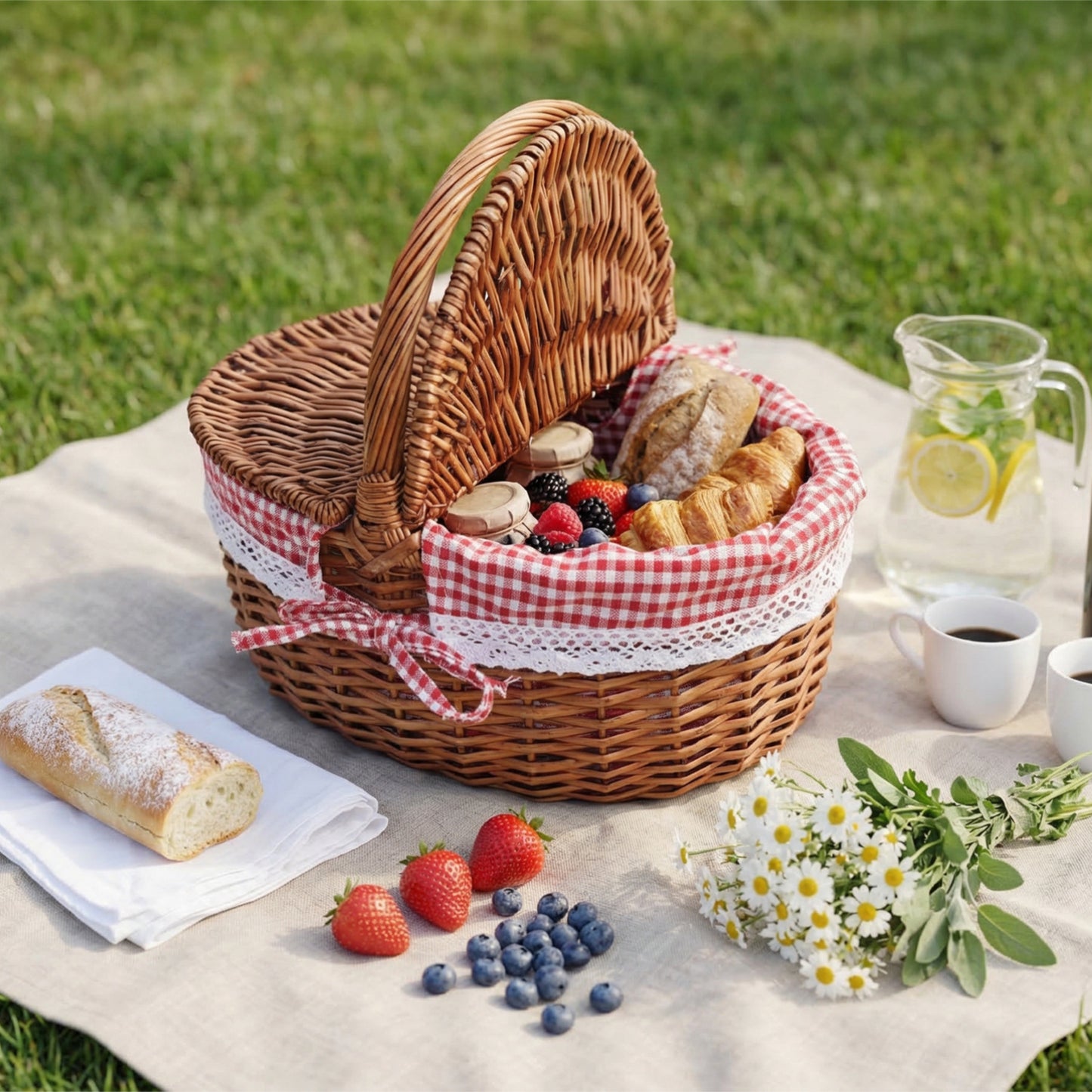 Damen Picknickkorb mit romantischem Karomuster und herausnehmbarem Futter Karnz
