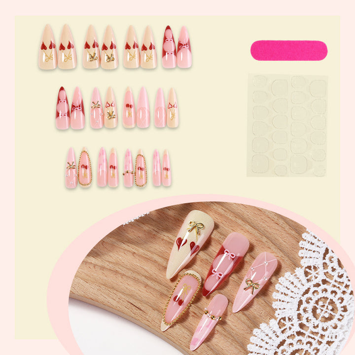 Elegantes dekoratives Press-On-Nagelset mit Schleifen- und Herzdesigns Karnz