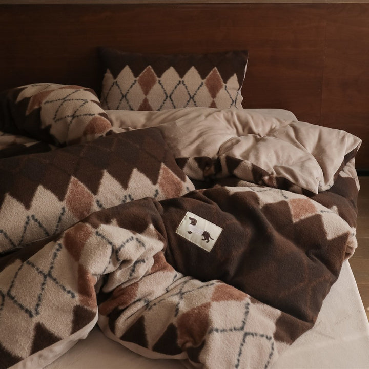Luxuriöser Plüsch Argyle Fleece Bettbezug Set mit umkehrbarem Mikrofaser Rücken