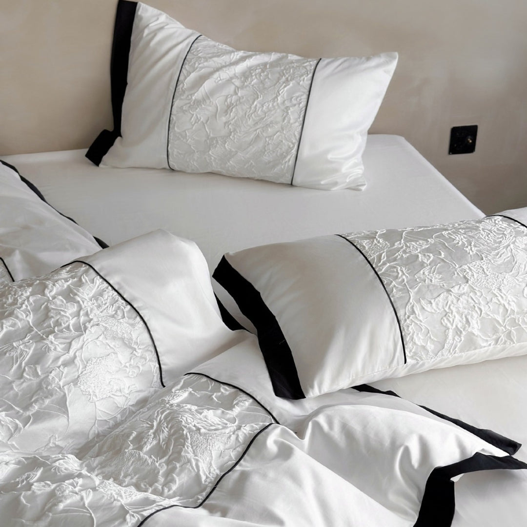 Cotton Sateen Textured-Panel Duvet Cover Set with Piped Border & Accent Cushion