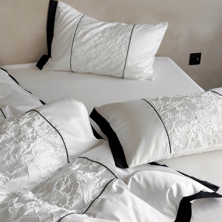 Cotton Sateen Textured-Panel Duvet Cover Set with Piped Border & Accent Cushion