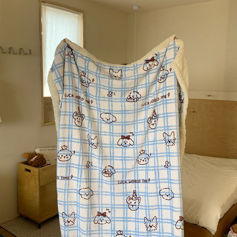 Wendbare Kuscheldecke mit Sherpa-Fleece, niedlichen Hunde-Illustrationen und kariertem Muster