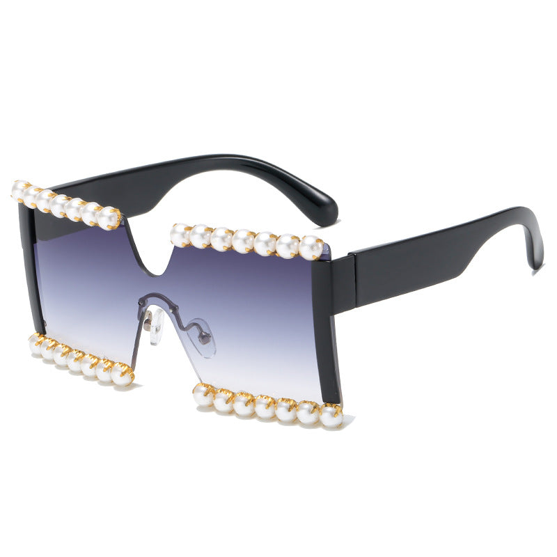 Damen extravagante Rechteck-Sonnenbrille mit Perlenschmuck und UV-Schutz Karnz