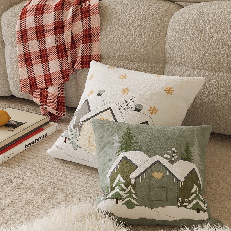 Winter Cottage Embroidered Plush Square Throw Pillow Cover with Hidden Zipper