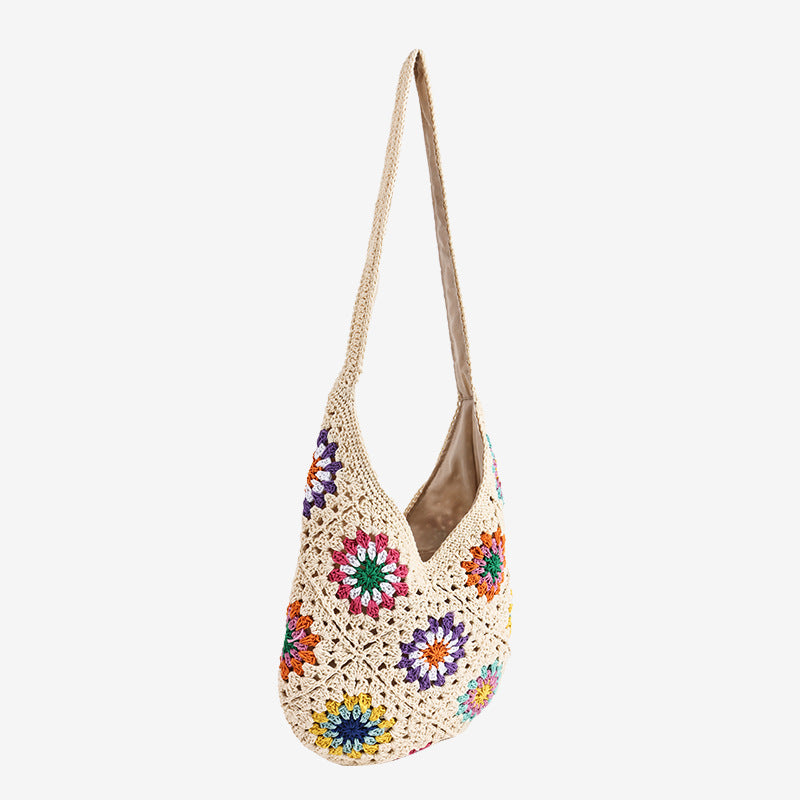 Damen Henkeltasche aus handgeknüpftem Makramee mit bunten Applikationen Karnz