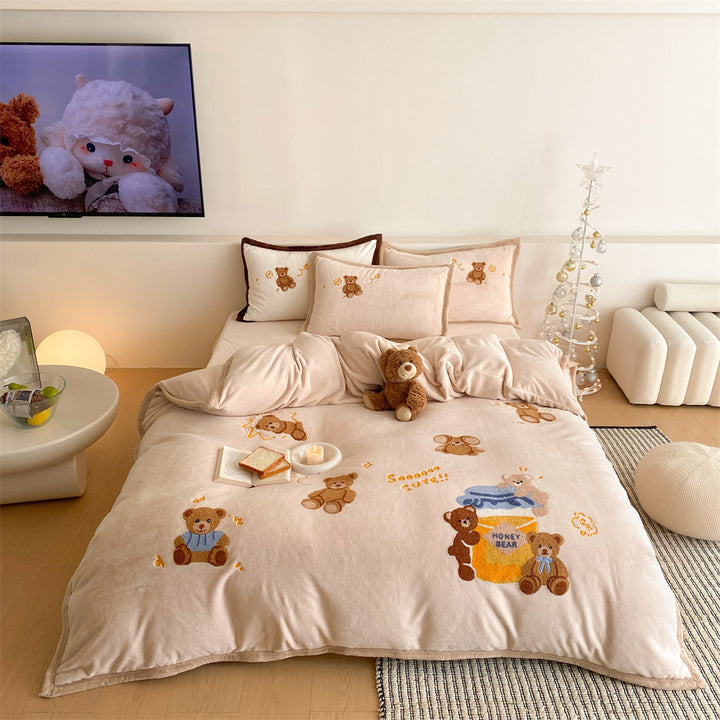 Kuschel-Bettwäscheset mit gestickten Teddybär-Motiven