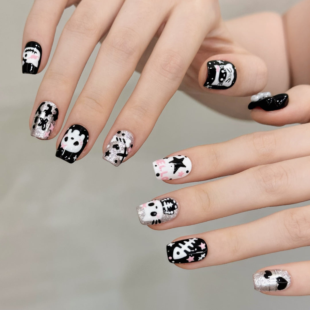 Themenbezogenes Skelett-inspiriertes Press-On-Nail-Art-Set