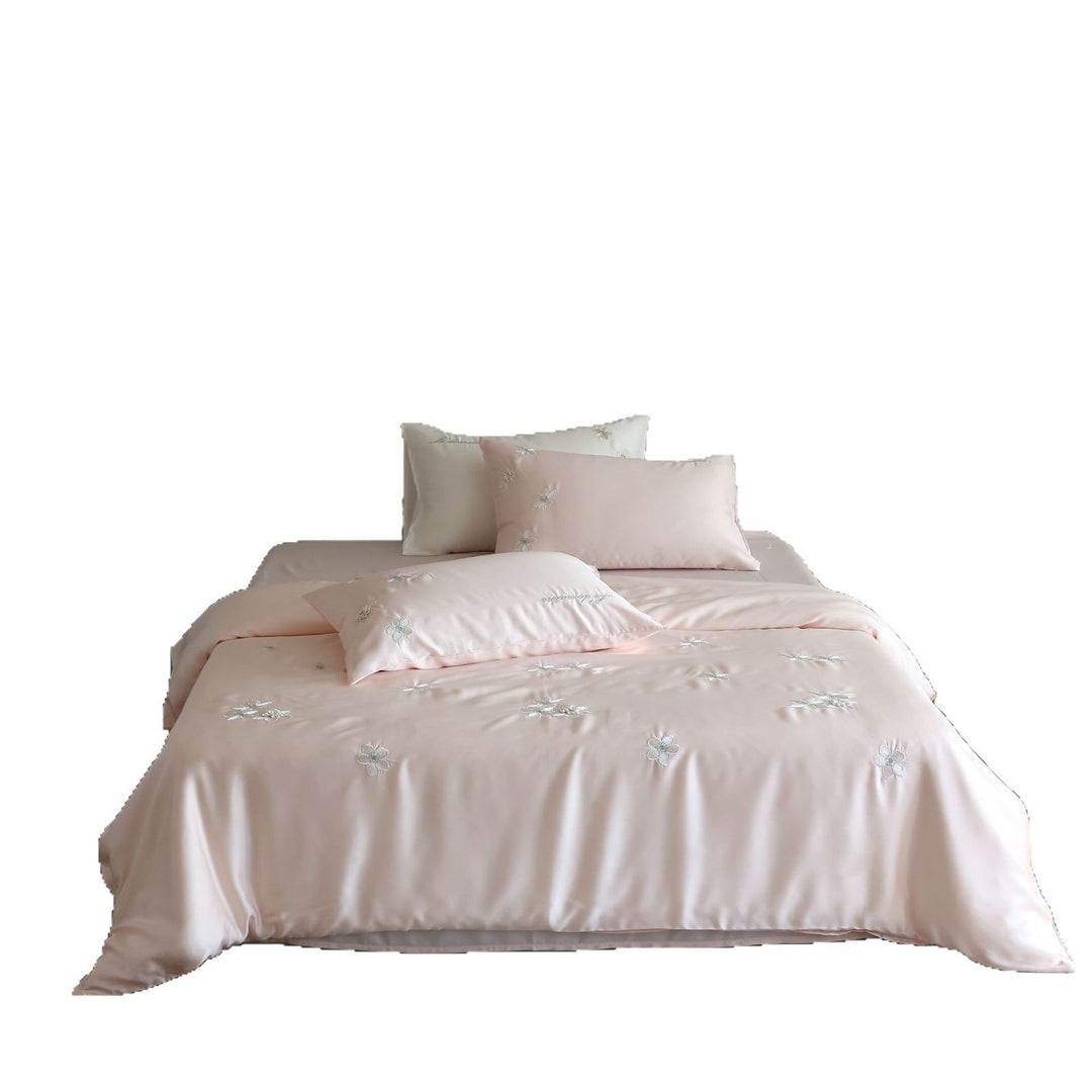Seidiger Baumwoll-Satin Besticktes Florales Bettbezug-Set mit Applikations-Kissenbezügen
