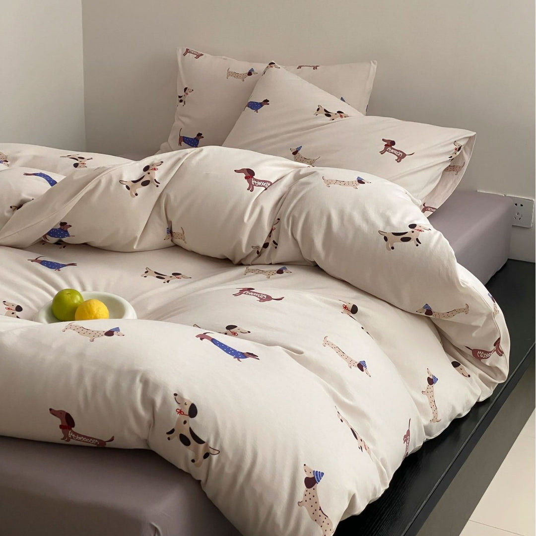 Cartoon Dog Print Baumwoll Bettwäsche Set mit Kissenbezügen