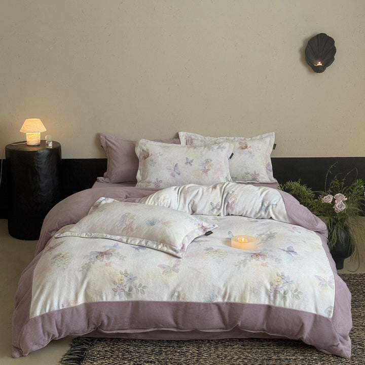 Aquarell Schmetterling Floral Baumwoll Bettbezug Set mit Samtbordüre Kissenbezüge