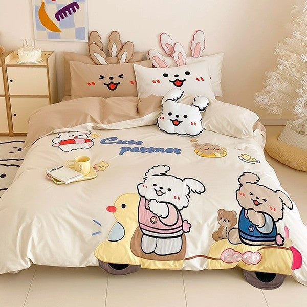 Kinder Cartoon Bär Baumwoll Bettbezug Set mit Plüsch Kissenbezügen