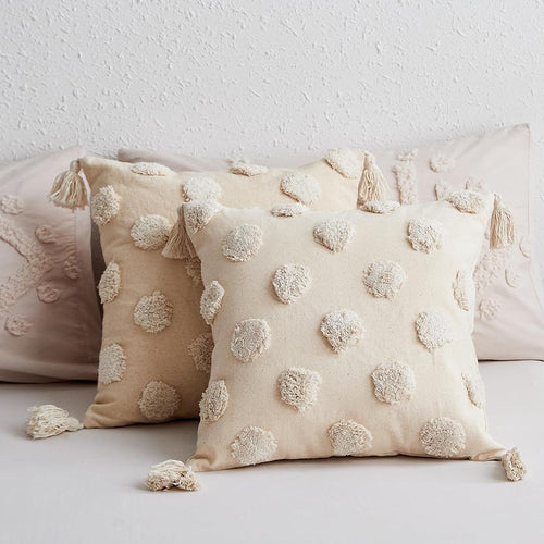 Quadratischer Baumwoll-Leinen Kissenbezug mit 3D‑Pompon‑Tufting und Eckquasten Karnz