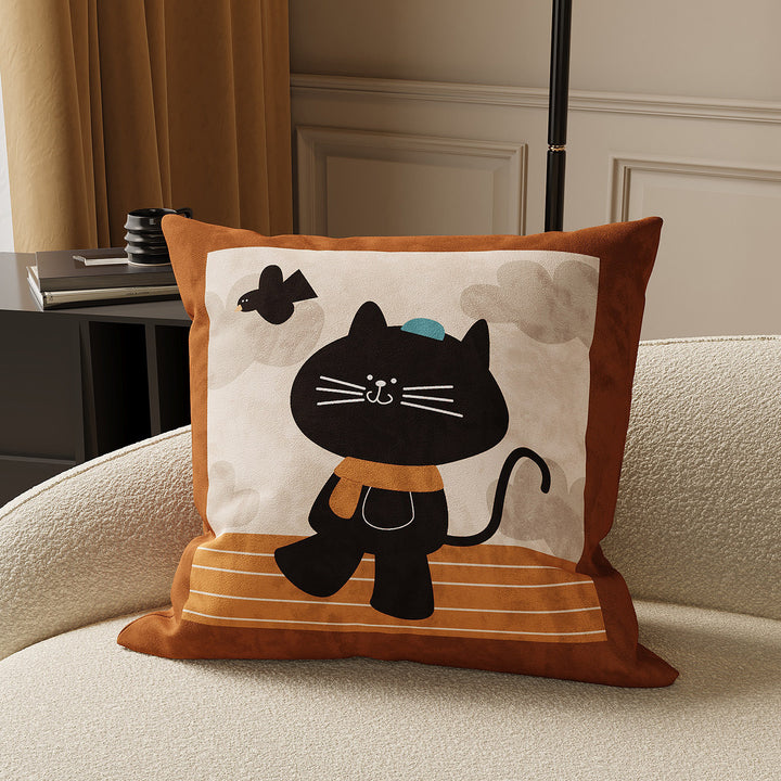 Decorative Striped Cotton-Linen Throw Pillow Cover with Playful Black Cat Motif