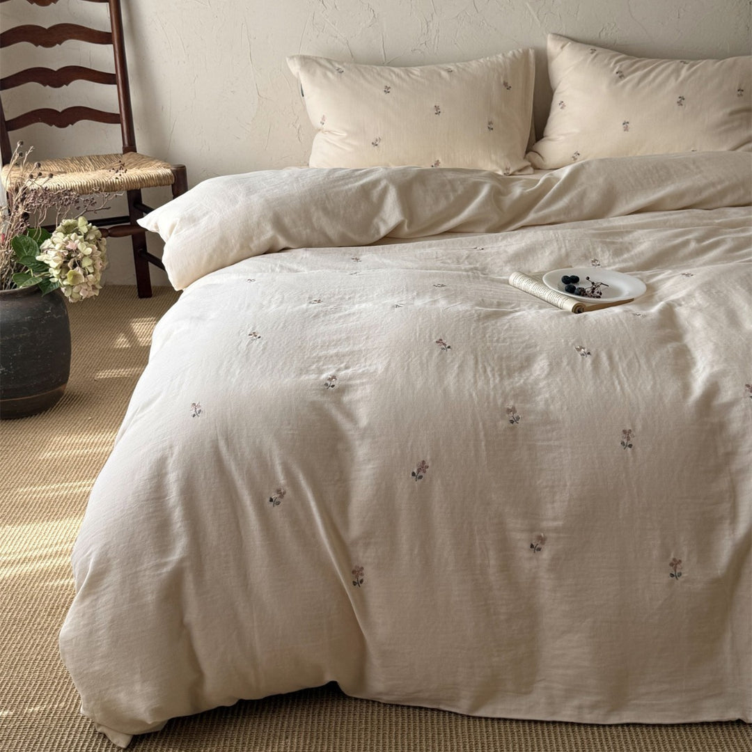 Bestickte Klein-Streuen Floral Leinen-Baumwoll Bettbezugset mit Kissenbezügen