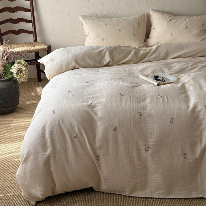 Bestickte Klein-Streuen Floral Leinen-Baumwoll Bettbezugset mit Kissenbezügen