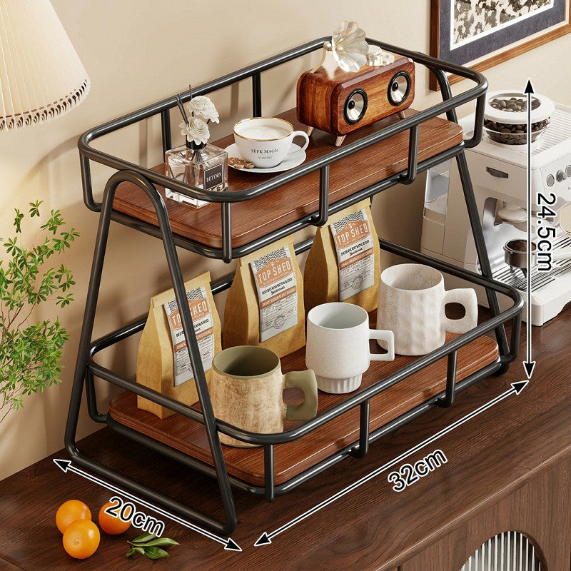Dual-Tier Arbeitsplatten Kaffee- & Gewürzorganisator mit Metallschutz und Holzregalen
