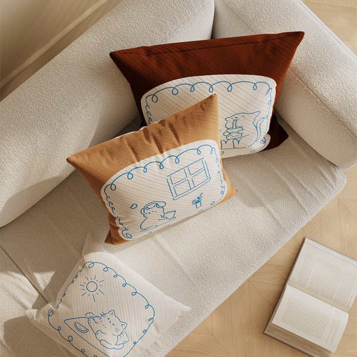 Square Cotton-Linen Decorative Throw Pillow Cover with Minimalist Reading Cat Line Art and Hidden Zipper