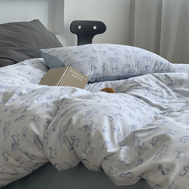 Feines Baumwoll-Perkal Bettbezug-Set mit skizzenhaftem Katzenprint und Hotelverschluss