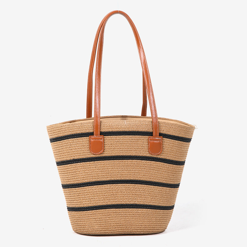 Damen elegante Strohtasche mit stilvollen Ledergriffen Karnz