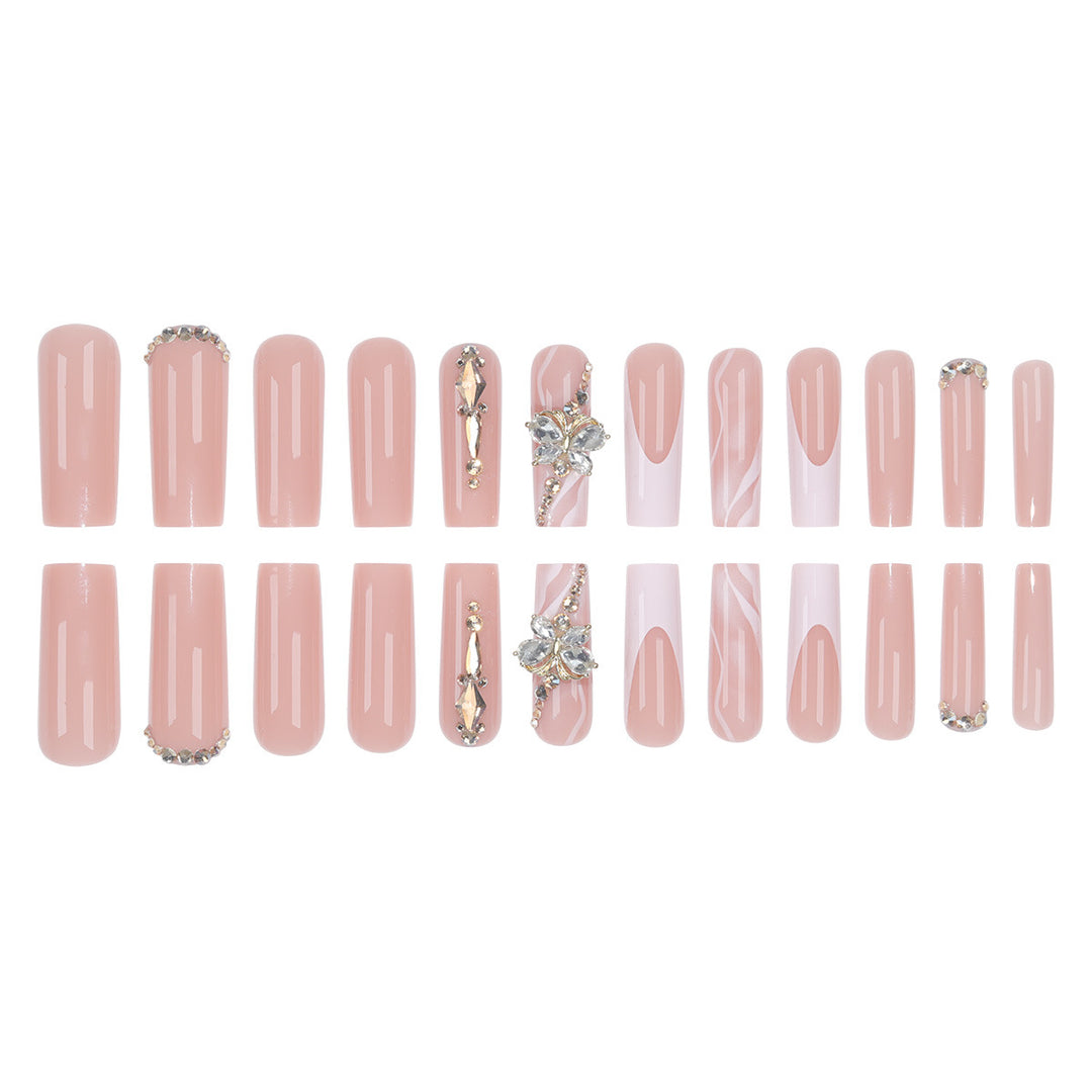 Elegante Lange Press-On Nagelset mit Dekorativen Edelsteinen und Blumenakzenten Karnz