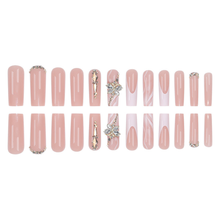 Elegante Lange Press-On Nagelset mit Dekorativen Edelsteinen und Blumenakzenten Karnz