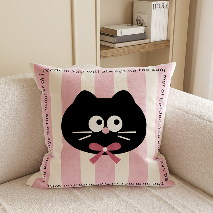 Square Decorative Throw Pillow Cover with Cute Cartoon Cat Illustration and Vertical Pink Stripe Linen-Blend