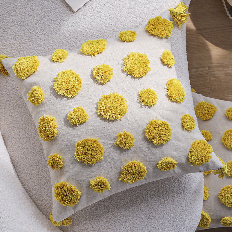Dekoratives Zierkissen mit bunten Chenille‑Tufts, Baumwoll‑Leinenbezug und Quasten Karnz