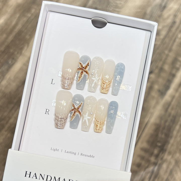 Handgefertigtes, vom Küstenleben inspiriertes Press-On Nagelset Karnz