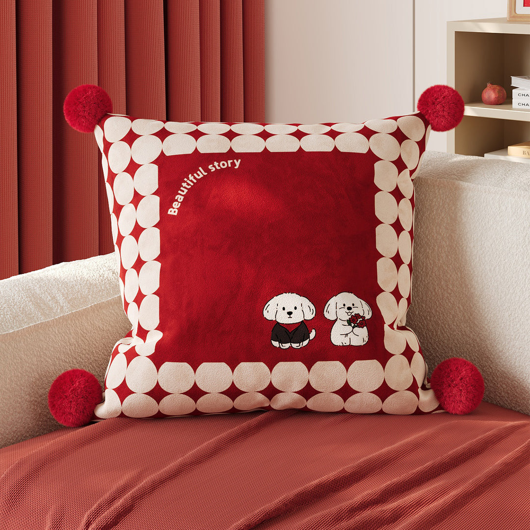 Decorative Cotton-Linen Square Throw Pillow with Pom-Pom Corners and Polka Dot Love Print