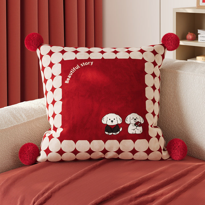 Decorative Cotton-Linen Square Throw Pillow with Pom-Pom Corners and Polka Dot Love Print
