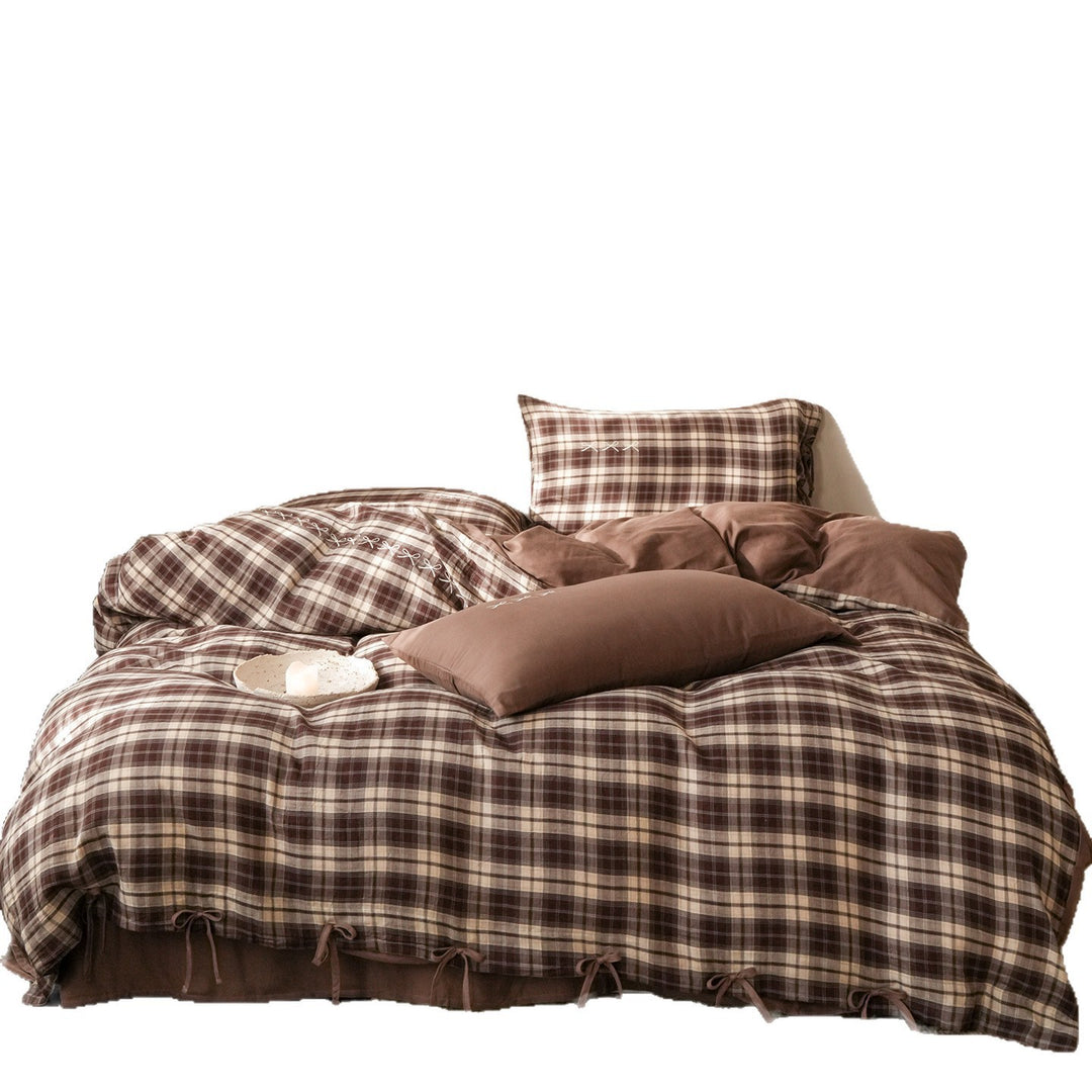 Luxuriöses Karomuster Baumwollbettbezug-Set mit Eckenbindungen