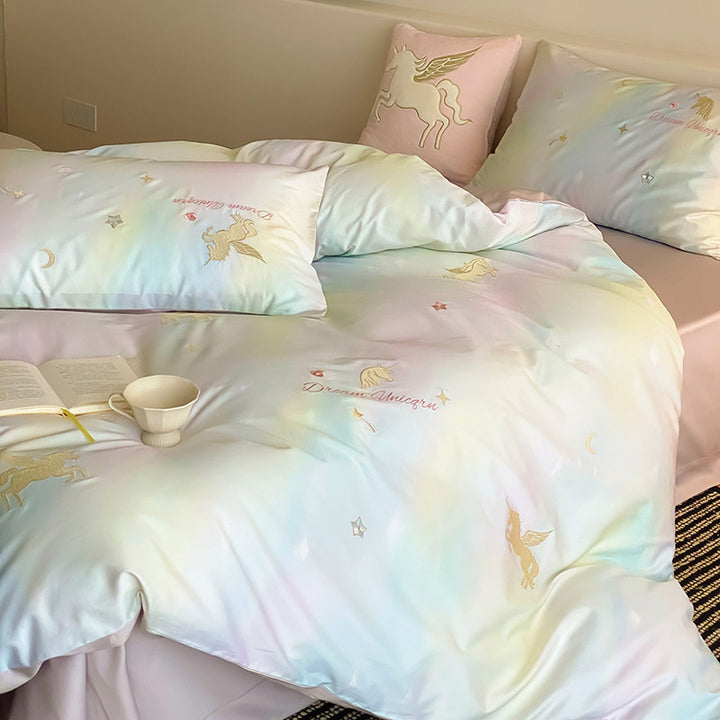 Pastell Einhorn Baumwollsatin Bettwäsche Set mit besticktem Dekokissen