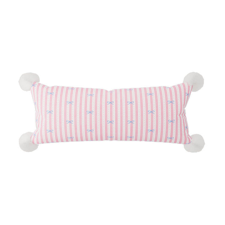 Long Lumbar Decorative Throw Pillow with Pom-Pom Corners and Bow-Striped Cotton-Linen Cover