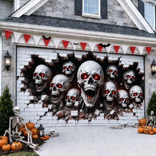 Großformatiger Halloween-Fotohintergrund aus wetterfestem Polyester mit geöstem Befestigungsrand und leuchtendem Haunted-House-Motiv