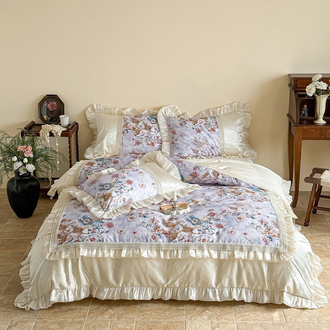 Rüschensatinbesatz Floral Panel Bettwäsche Set mit dekorativen Kissenbezügen