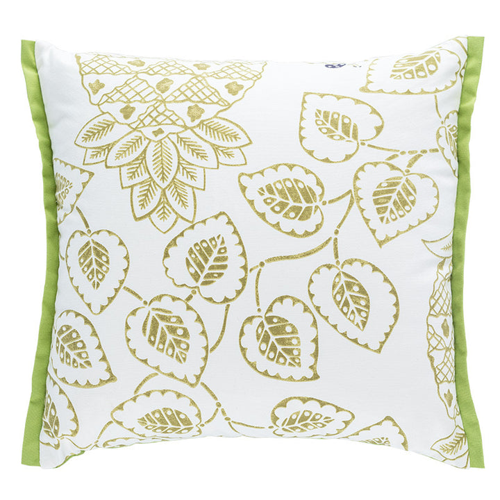 Quadratischer Zierkissenbezug mit botanischem Blattprint, Baumwoll‑Leinen‑Mix und kontrastierender Kederkante