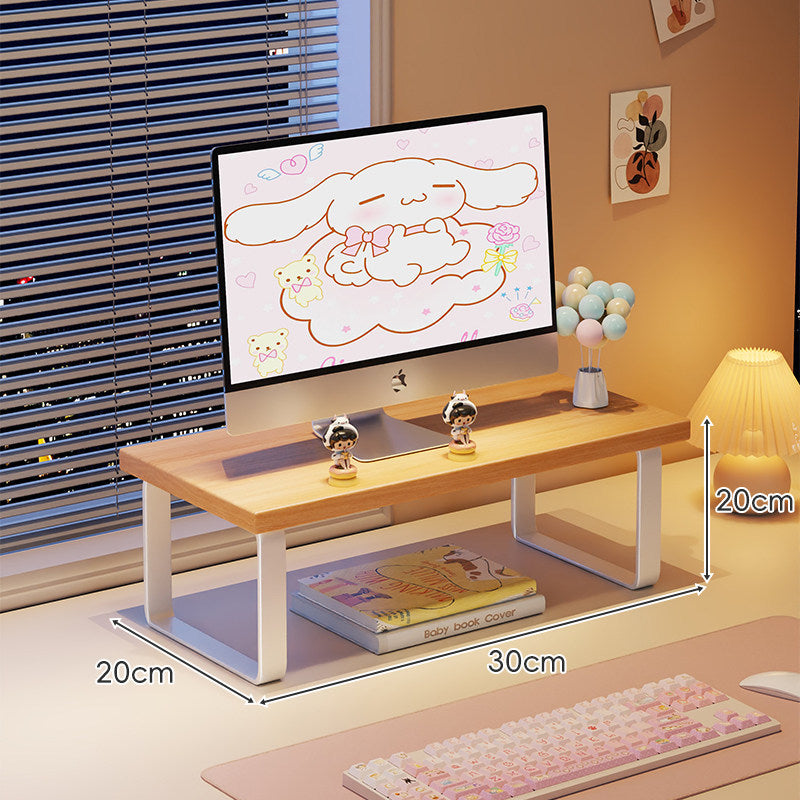 Kompakte Holz-Desktop-Monitorerhöhung mit Metallbeinen und unterer Ablagefläche