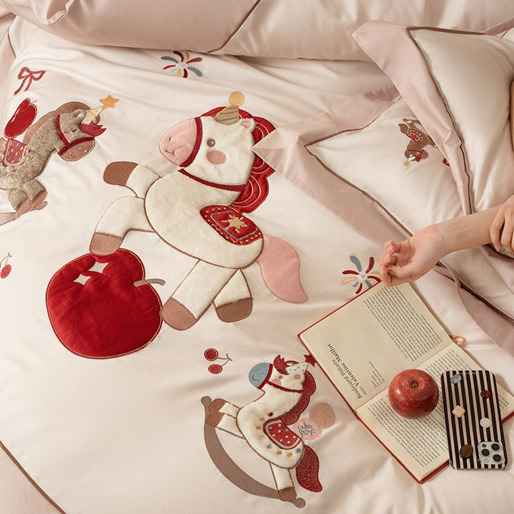 Besticktes Applizierte Pferde Bettwäsche Set mit Dekorativen Kissenbezügen