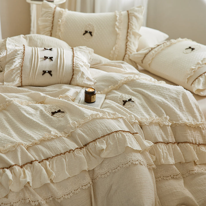 Vintage Rüschenspitze-Besatz Baumwolle Bettdeckenbezug Set mit dekorativem Bolster und Kissenbezügen