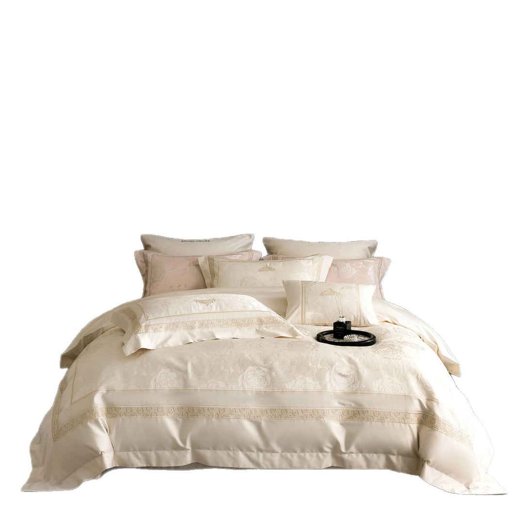 Luxuriöses florales Jacquard-Satin-Bettdeckenbezug-Set mit besticktem Rand und dekorativen Kissenbezügen