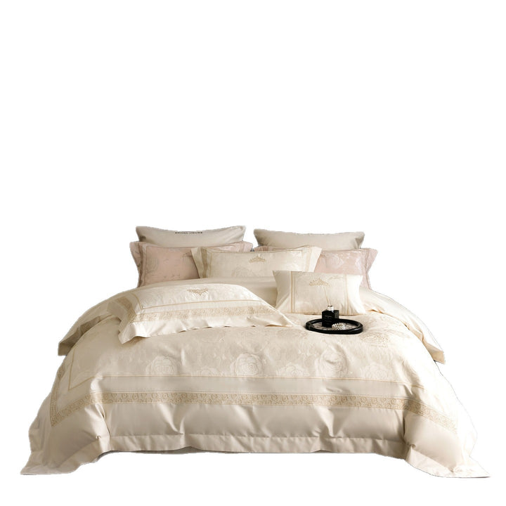 Luxuriöses florales Jacquard-Satin-Bettdeckenbezug-Set mit besticktem Rand und dekorativen Kissenbezügen