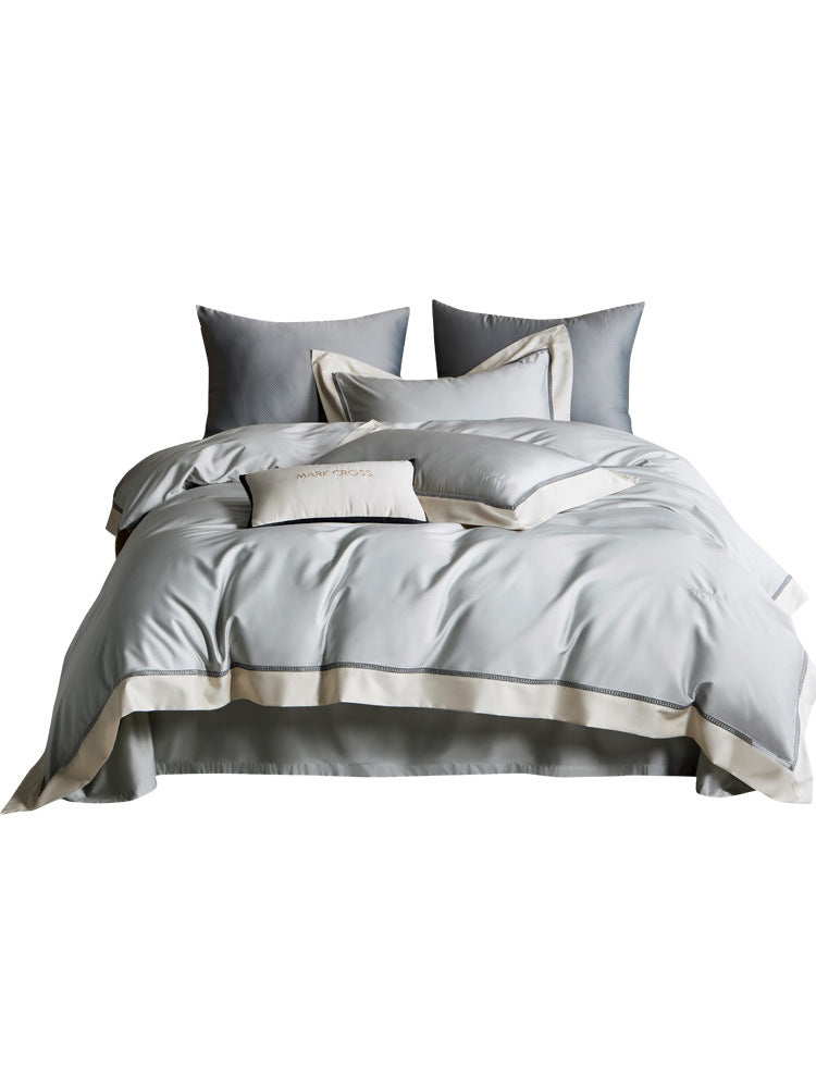 Elegantes Satin-Duvetbezug-Set mit kontrastierender Saumblende und feiner Biese