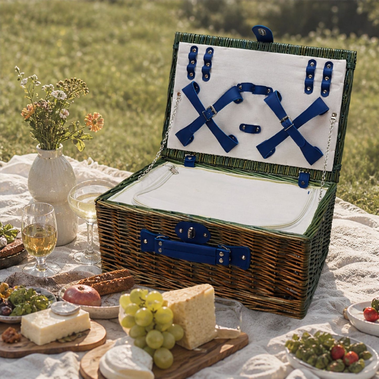 Damen luxuriöser Picknickkorb mit integriertem Geschirrset und isolierbarem Kühlfach Karnz