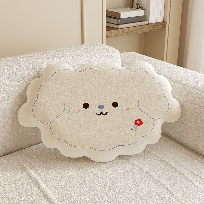 Plush Cloud-Shape Cute Character Lumbar Throw Pillow with Embroidered Face and Soft Faux-Sherpa Cover
