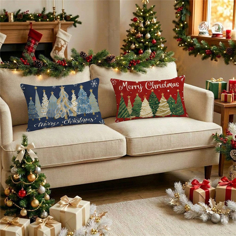 Leinen-Textur Rechteckiges Urlaub Lendenkissenbezug mit Winterornamenten Druck und verdecktem Reißverschluss
