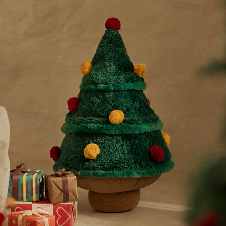 Dekoratives Weihnachtsbaum-Kuschelkissen mit Pompon-Applikationen