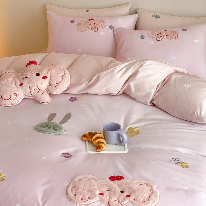 Plüsch Applikations-Baumwollsatin-Bettbezugset mit gesticktem Elefanten- und floralen Details