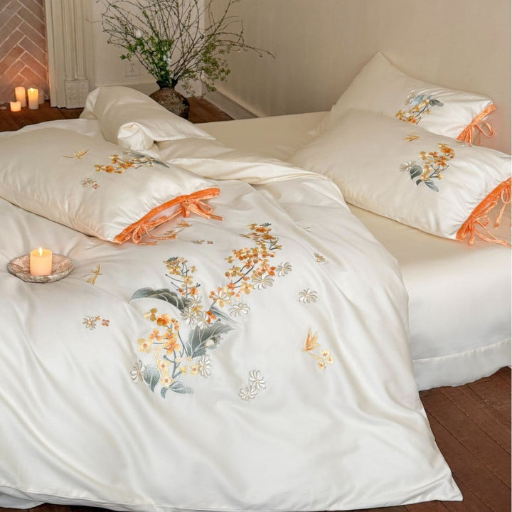Botanisches gesticktes Satin-Bettbezug-Set mit Bandbindung-Kissenbezügen